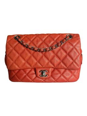 Chanel Medium Easy Flap Bag Orange Caviar Leather Silver HW 21-Series